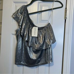 Silver Metallic One Shoulder Ruffle Top Party Night Out L NWT